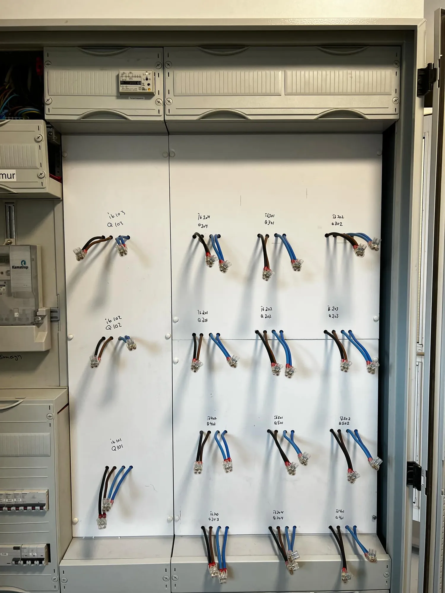 Meter cabinet with labelled cables for meters