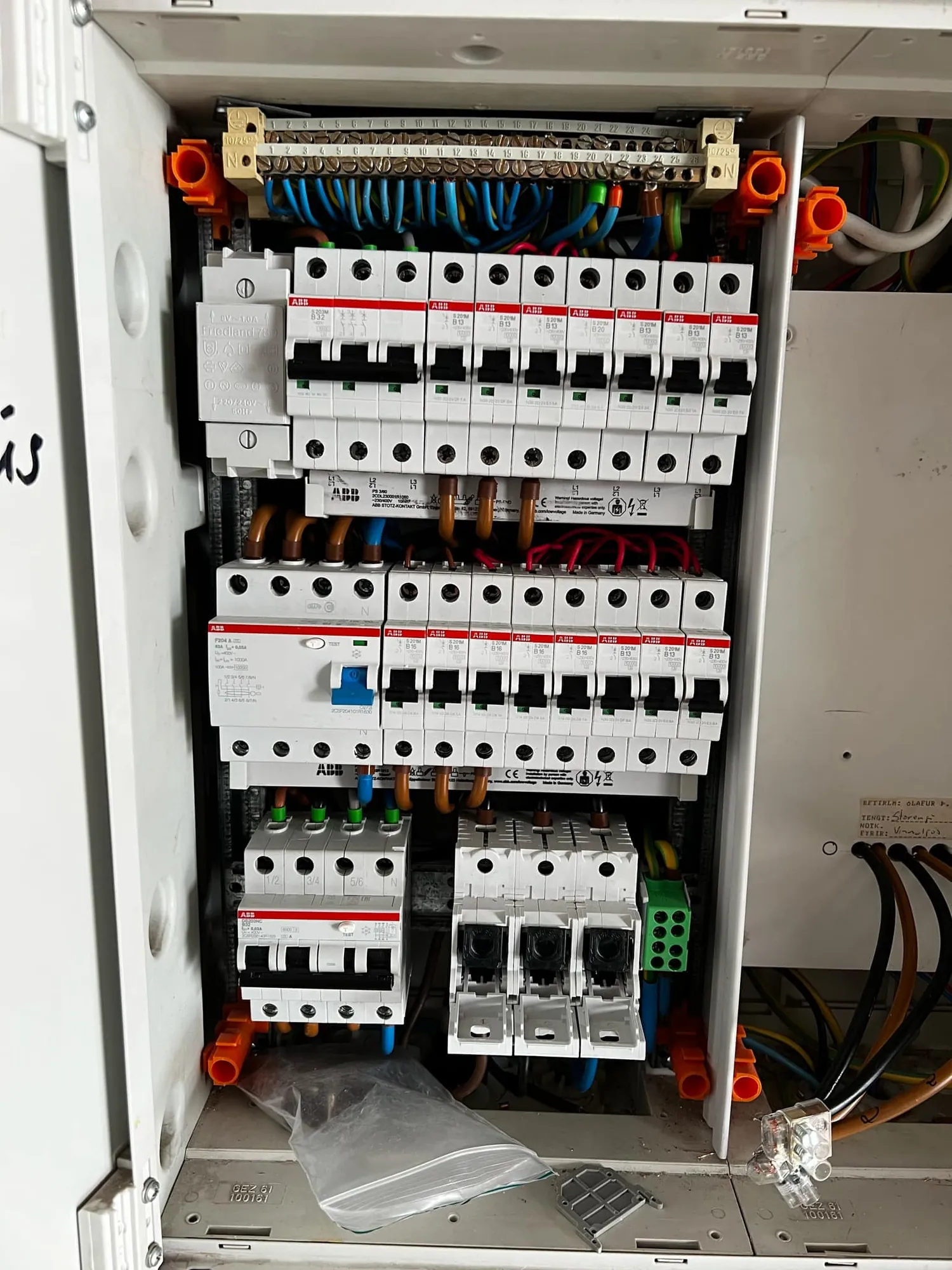 Distribution board with circuit breakers and fuses