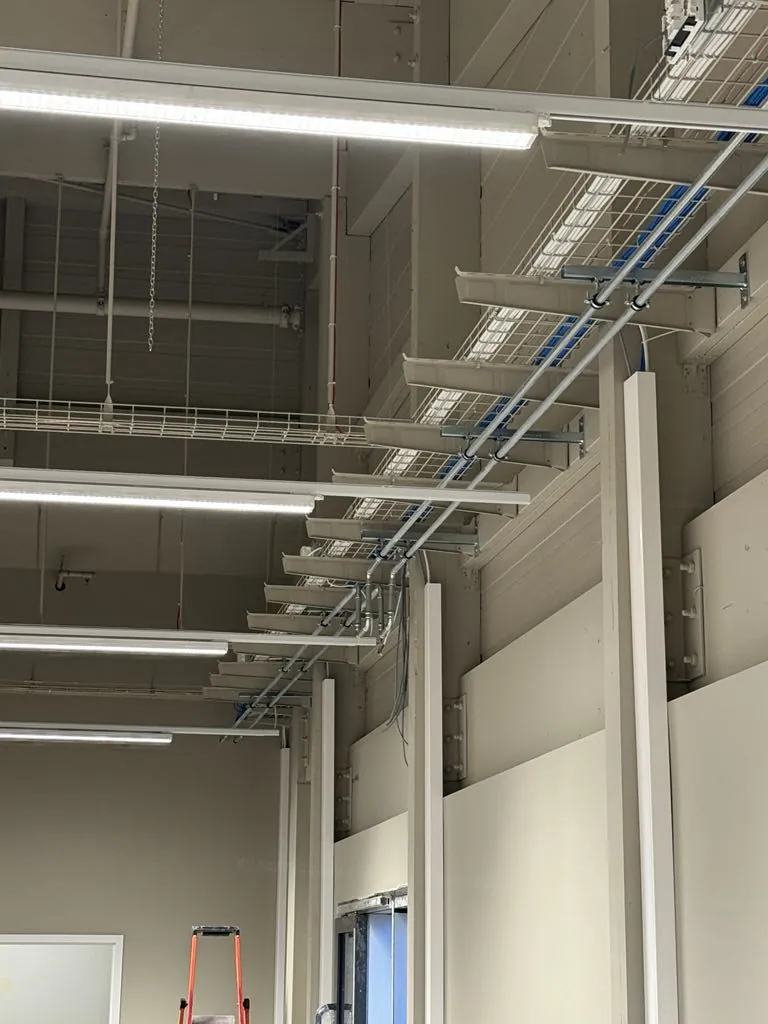 Cable trays and lights in a ceiling