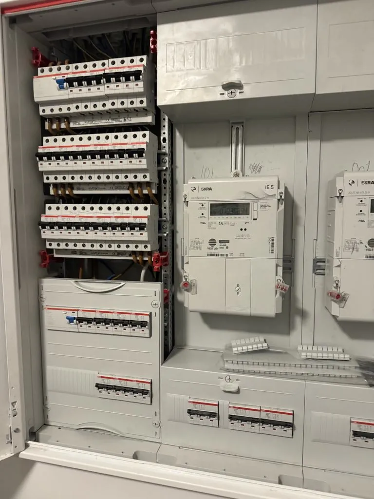 Distribution board with energy meters and circuit breakers