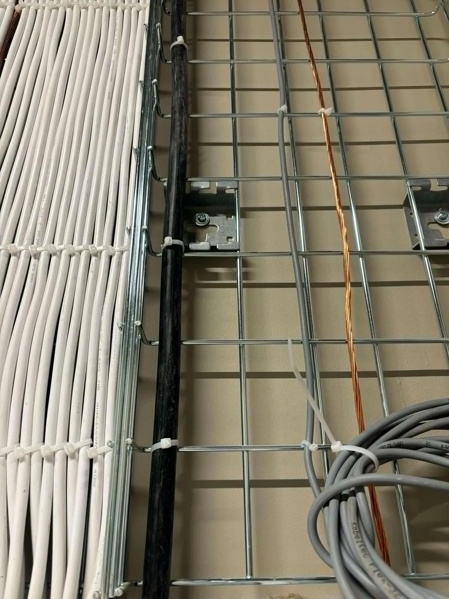 Close-up of cables in a cable tray
