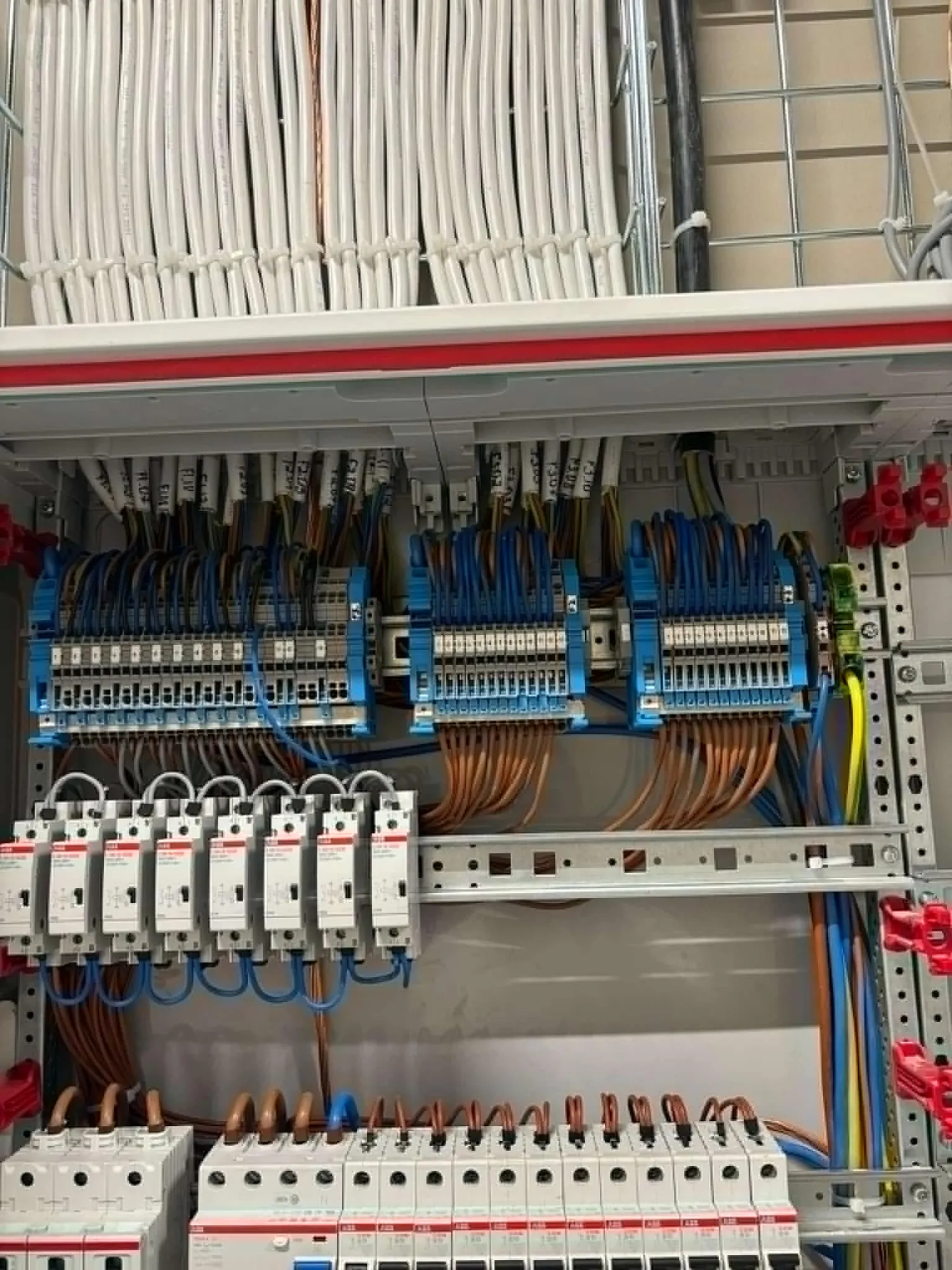 Terminals and circuit breakers in a distribution board