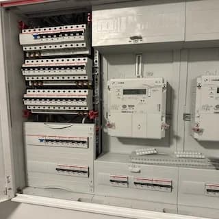 Distribution board with energy meters and circuit breakers